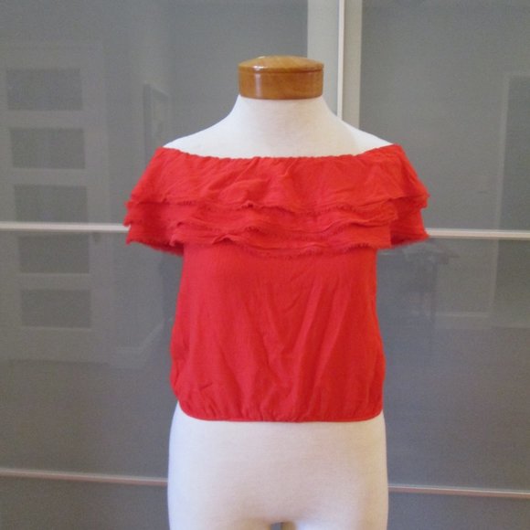 Alice + Olivia Tops - Alice + Olivia Off the Shoulder Ruffle Cropped